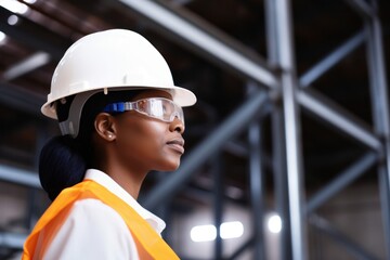 a woman wearing a hard hat and safety glasses - Powered by Adobe