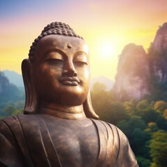 a statue of a buddha with mountains in the background