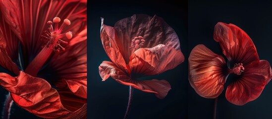 Three detailed shots of red petal flowers set against a black background, showcasing their vibrant color and intricate textures.