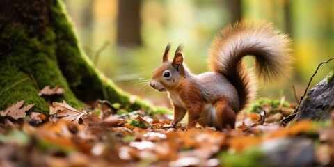 a squirrel standing on leaves - obrazy, fototapety, plakaty