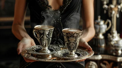 Foto op Plexiglas In a lavish traditional setting a server dressed in a sophisticated black dress carries a tray with two ornate cups of steaming coffee. The bold design of the coffee cups © Justlight