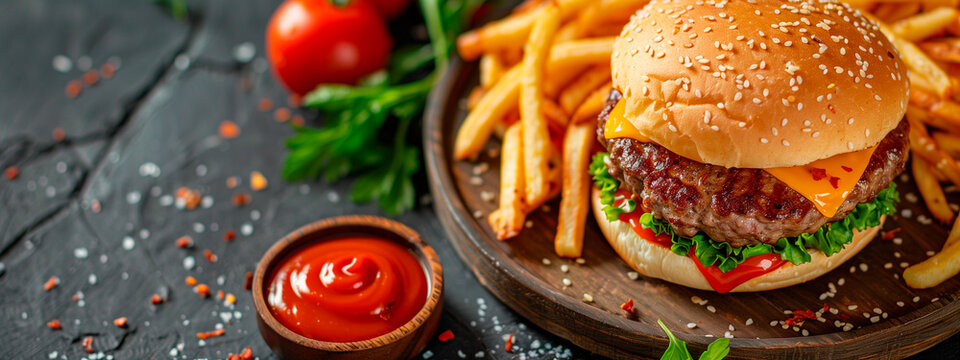 Burger and fries on a wallpaper