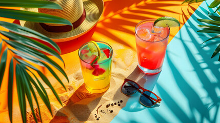 Colorful tropical cocktails on a vibrant beach setup with palm shadows, refreshing summer drinks with a vacation vibe