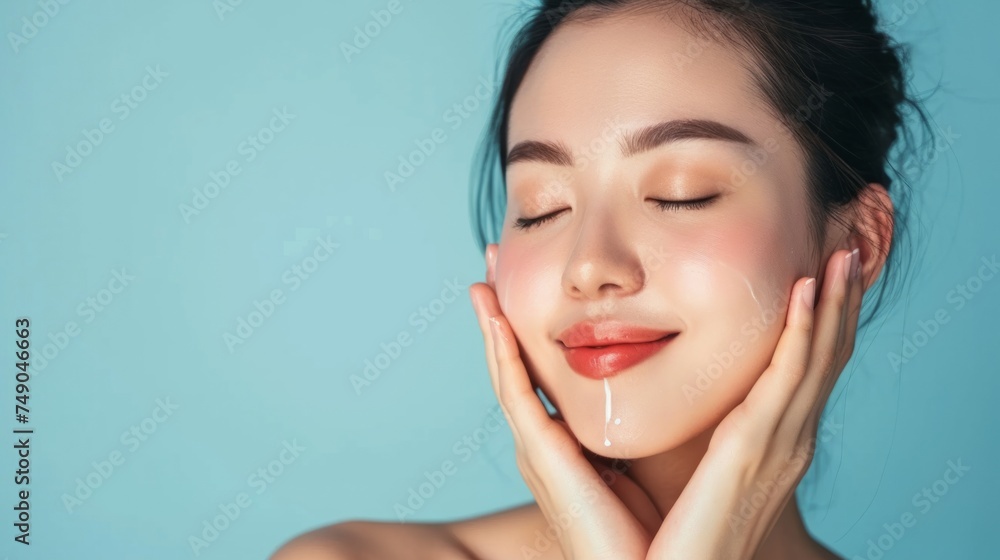 Wall mural Skincare. Woman with beautiful face touching healthy facial skin generative ai