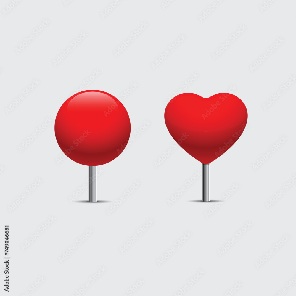 Poster 2 red pins for maps and locations. one of them in the shape of the heart. icon design for dating app