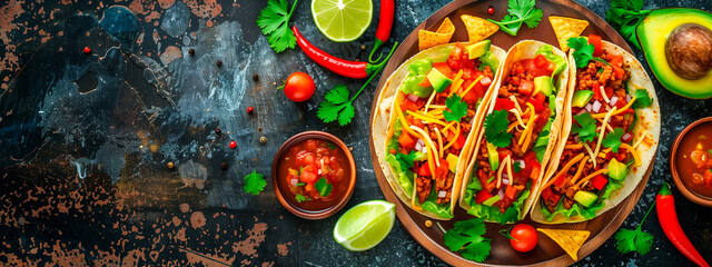 Fototapeta premium Wallpaper with Tacos, Salsa and Avocados