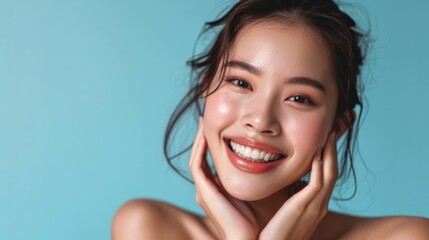 Naklejka premium Skincare. Woman with beautiful face touching healthy facial skin generative ai