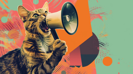 Gato gritando no alto falante no estilo recorte - Papel de parede - obrazy, fototapety, plakaty