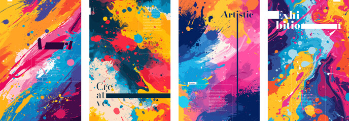 Abstract artistic poster. Colorful watercolor paint splashes and strokes creative placard. Design art grunge painting print concept. Bright color graphic spots textures exhibition banner. Vector eps