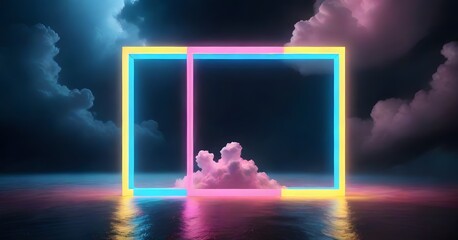 A neon-lit square portal stands as a gateway to an electrified sky, nestled among surreal clouds in a dream-like landscape. AI generation