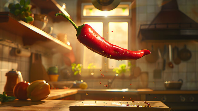 A vibrant red chili pepper suspended mid-air, its glossy skin reflecting the warm glow of sunlight streaming through a kitchen window.