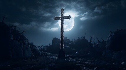The Cross Lit By The Light Of The Moon - obrazy, fototapety, plakaty