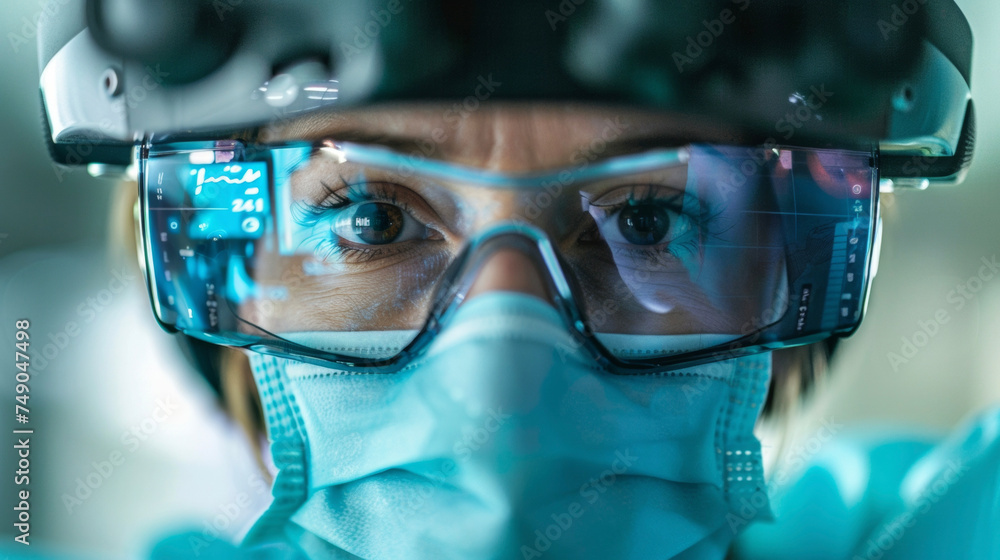 Poster a closeup of a surgeons face showing intense concentration as they perform a complex procedure on a 