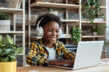Cheerful young balck is wearing headphones and using a laptop, presumably engaged in online learning or enjoying multimedia content