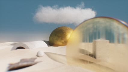 abstract landscape composition with a bronze sphere and a marble cube, with a cloud above the a desert., 4k