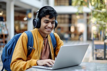 Fototapeta premium A happy Asian teenager outdoors with his laptop and headphones, perhaps studying or enjoying leisure time