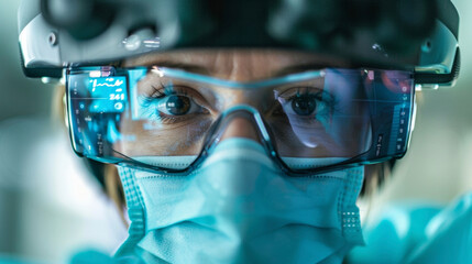 A closeup of a surgeons face showing intense concentration as they perform a complex procedure on a virtual patient with the assistance of the AR training module.