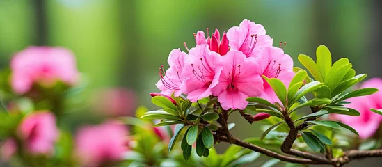 Fotobehang A detailed view of a vibrant pink azalea flower in full bloom, set against the backdrop of lush green foliage on a tree. The close-up shot highlights the intricate details of the flower petals and the © AkuAku