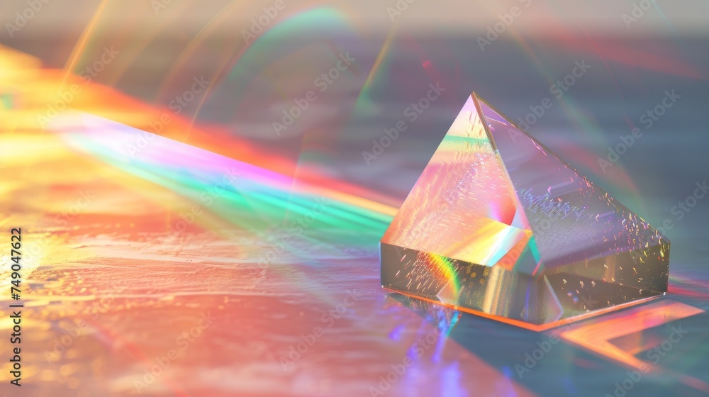 Aufkleber a crystal pyramid refracting light creating a spectrum of colors on a reflective surface
