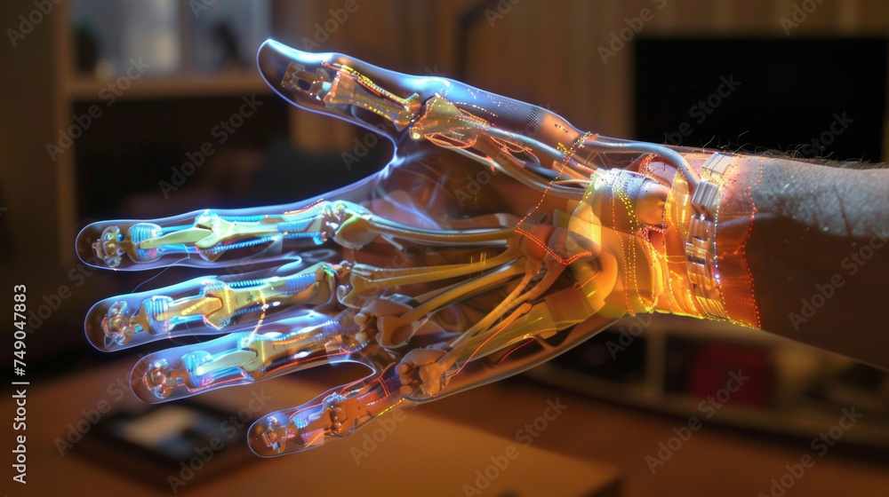 Poster view of an augmented reality projection of a hand displaying the various movements and grip strength