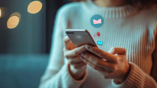 Woman hands using smartphone with pop up email alert sign icon generative ai