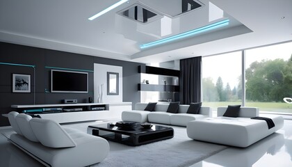 Fototapeta na wymiar Modern living room with a futuristic interior design - house interior design