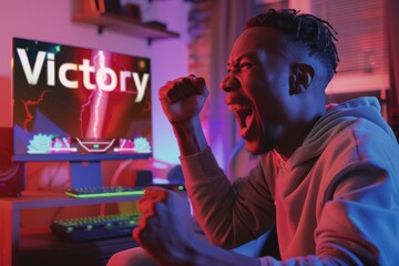 An intense image of a gamer next to a vibrant 'Victory' screen, showing fist in a sign of success