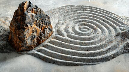 Zen rock garden. Circle pattern on white sand, top view