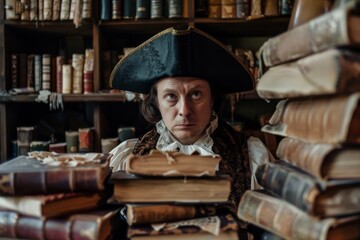 A man dressed in pirate-like historic attire is engrossed in reading amongst stacks of antique books