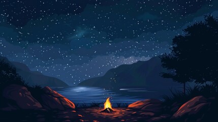 A small campfire flickers in the darkness of the wilderness illuminating the surroundings and providing comfort in the midst of solitude. The stars above shine brightly highlighting - obrazy, fototapety, plakaty