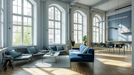 Obraz na płótnie Canvas interior of stylish loft. spacious apartment with large windows. Generative Ai