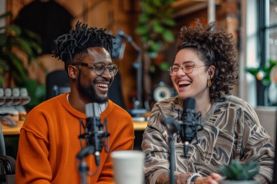 Cheerful man and woman share a laugh while recording a podcast in a studio filled with plants and modern decor - Powered by Adobe