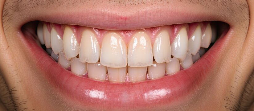A close-up view of a mans teeth, showcasing a set of white, vibrant teeth with stunning B1 Color Press ceramic crowns and veneers. The image highlights the dental work done to achieve a bright smile.