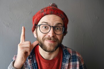 Cheerful man in a red beanie and eyeglasses raising a finger to indicate a bright idea or number one - obrazy, fototapety, plakaty