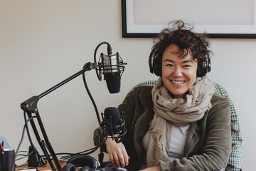 A smiling woman with headphones around her neck in a podcast studio with microphone