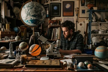 A bearded man focused on studying various celestial models and a microscope in a room filled with scientific paraphernalia