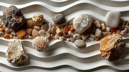 Zen rock garden. Circle pattern on white sand, top view - obrazy, fototapety, plakaty