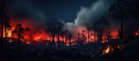 A raging fire engulfs the trees in a forest, creating a destructive scene on the mountainside. The flames illuminate the darkness of the night, leaving charred remains in their wake. - obrazy, fototapety, plakaty