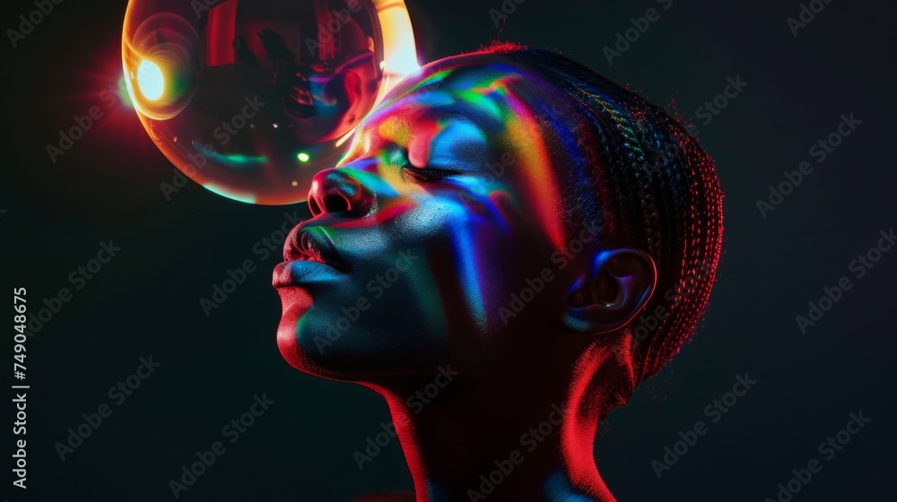Poster the image captures the essence of a human profile surrounded by captivating neon lighting, evoking a