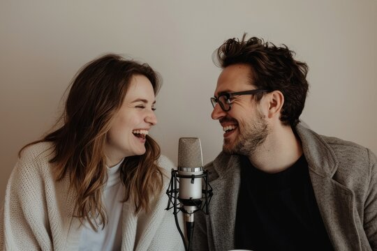 A laughing couple shares a moment of joy before a microphone, suggesting a relaxed recording session or podcast
