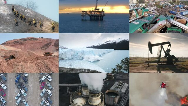 Ecology disaster impacted by wild fires, air pollution, plastic crisis, oil production, deforestation drought. Zoom out melting glacier ice collapsing into ocean. Global warming climate change collage