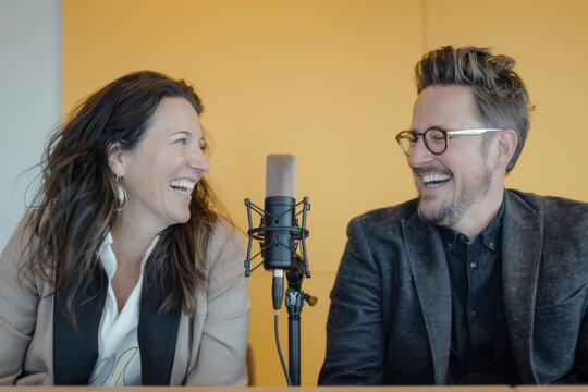 A man and a woman sharing a lighthearted moment while recording a podcast, both are nicely dressed