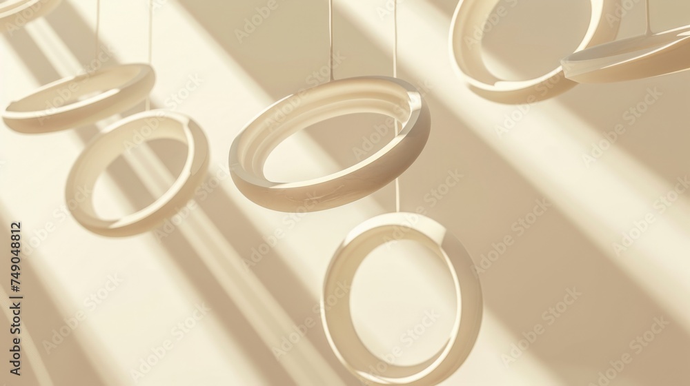 Poster Soothing image of multiple circular rings hanging and casting shadows against a serene beige background
