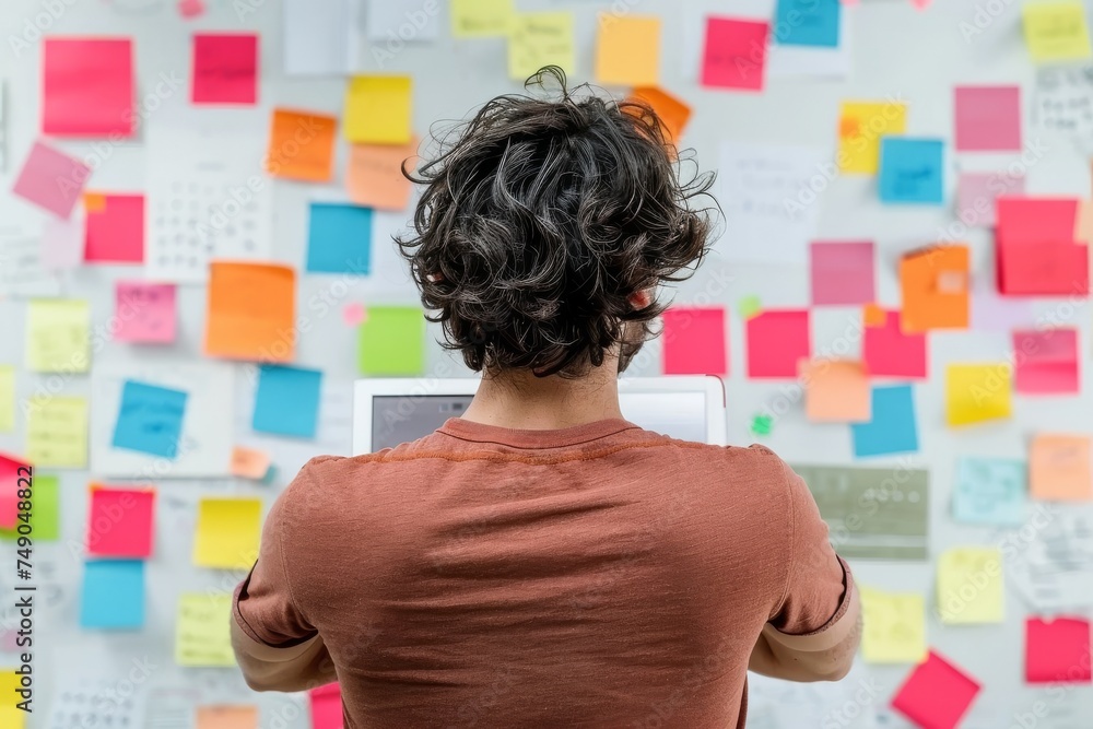Poster a man contemplates a wall covered in colorful sticky notes, indicating brainstorming or project plan