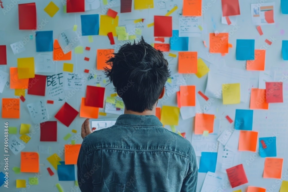 Poster A man in contemplation, surrounded by an array of colorful sticky notes on a wall, brainstorming ideas