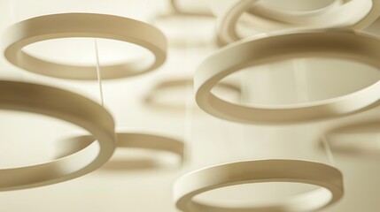 Dynamic perspective of overlapping circular rings in various sizes, creating an intriguing play of...