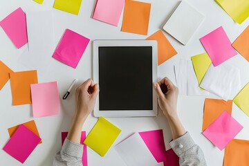 Well-organized workspace with hands holding a blank tablet among vibrant sticky notes and stationery
