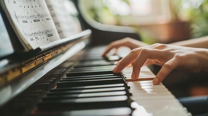 A detailed shot of a students hands as they carefully play a piano in a conservatory practice room their fingers expertly striking the keys with precision and grace. Sheet - obrazy, fototapety, plakaty