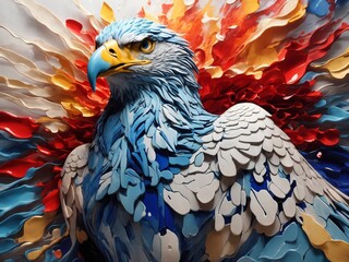 "Chromatic Soaring Majesty: AI-Enhanced Eagle Art in Vibrant Exploding Dust Flight, Inspired by Sarah Dubuis, with Dynamic Water Splashes"