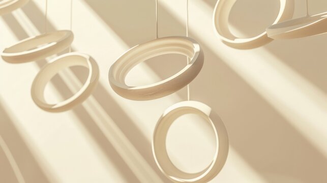 Soothing image of multiple circular rings hanging and casting shadows against a serene beige background